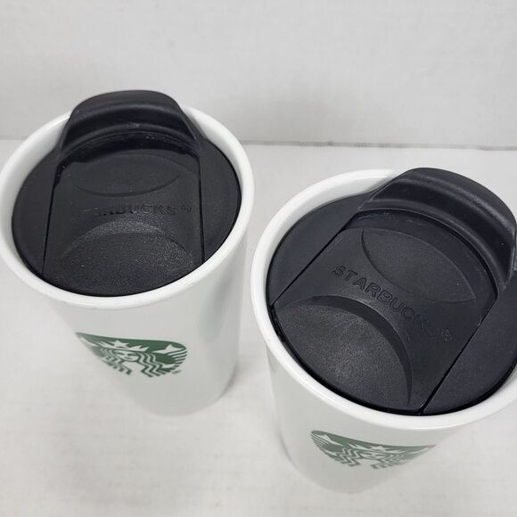 2 Starbucks White Mermaid Siren Logo 10 oz. Ceramic Travel Coffee Mugs with lids - Picture 2 of 10